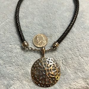 Premier Designs Black Leather Necklace with Round Silver Pendant 15” with 3” Ext